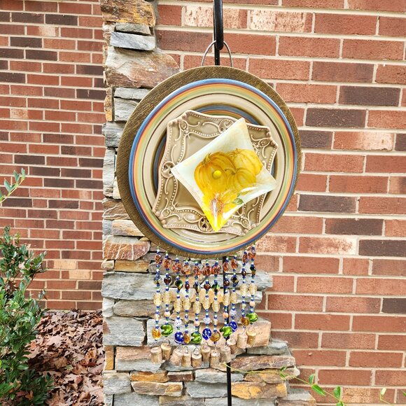 Sage Green Yello Plate Dish Flower Windchime SunCatcher Lampwork Beads Tin Bells - Picture 1 of 3
